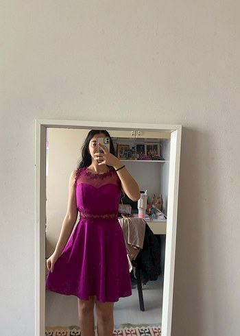 Dantel Detaylı Pembe Straplez Mini Abiye Elbise - Görsel 3