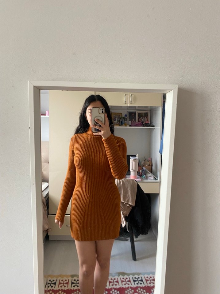 Kahverengi Balıkçı Yaka Triko Elbise - Görsel 4