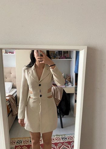 Düğmeli Bej Midi Blazer Kadın Ceket - Görsel 3