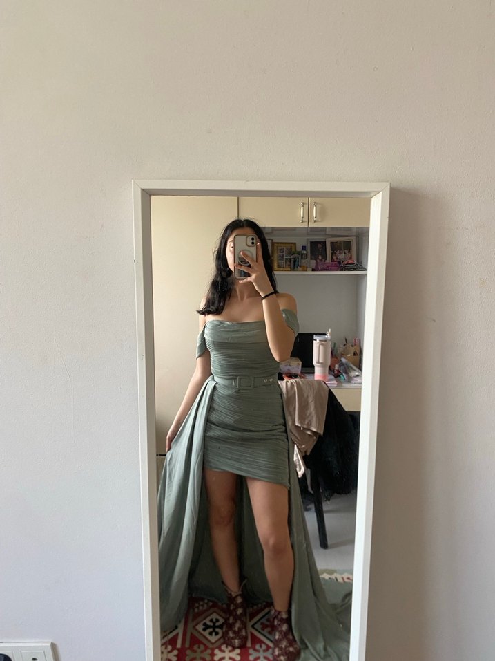 Kadın Straplez Mini Drapeli Abiye Elbise - Görsel 3