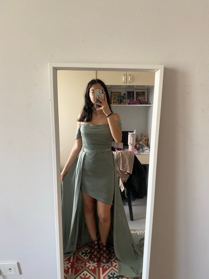 Kadın Straplez Mini Drapeli Abiye Elbise - Görsel 2