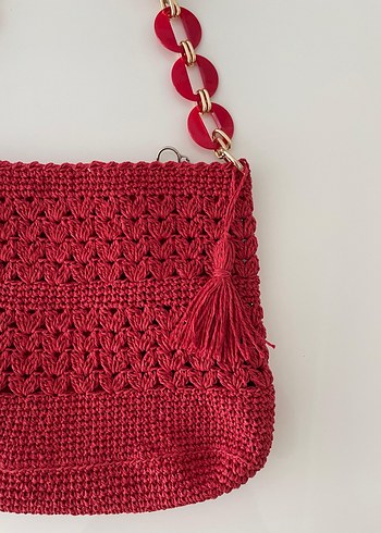 Kırmızı Püsküllü Örgü Bohem Kadın Çanta - Görsel 2
