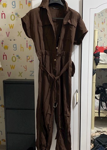 Kahverengi Kemerli Uzun Kadın Tulum - Görsel 2