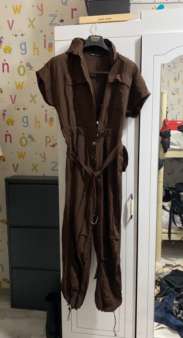 Kahverengi Kemerli Uzun Kadın Tulum - Görsel 2