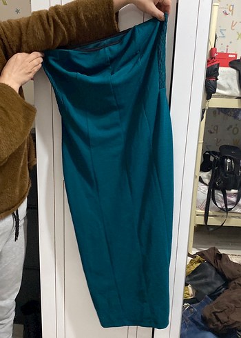 Yeşil  Drapeli Midi straplez elbise - Görsel 2