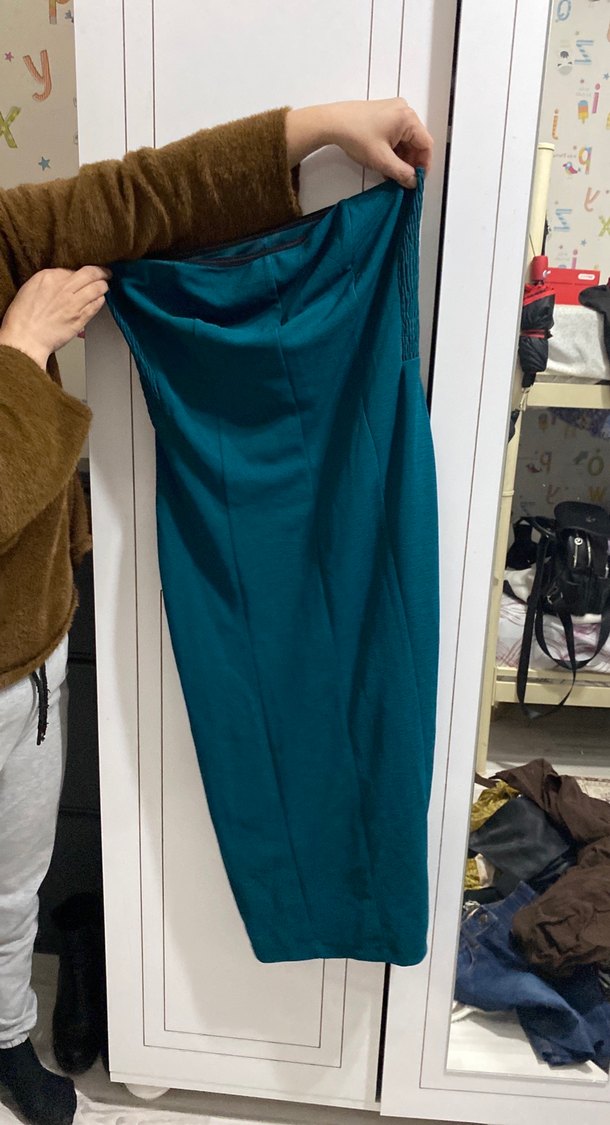 Yeşil  Drapeli Midi straplez elbise - Görsel 2