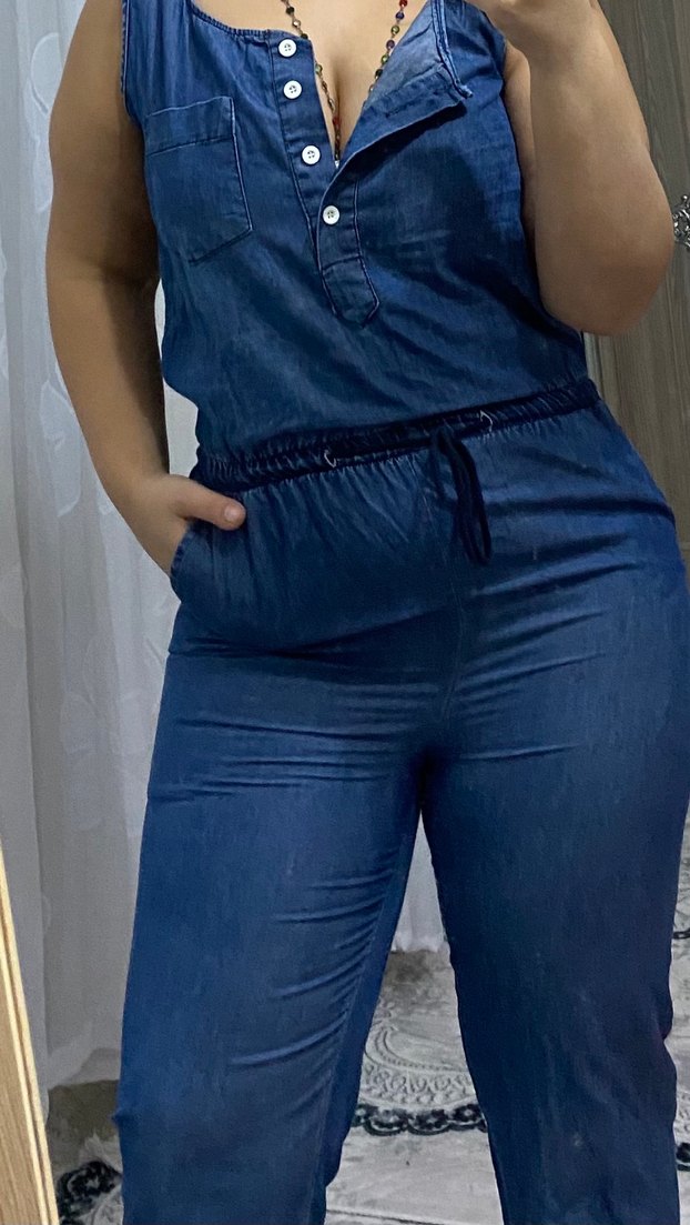 Kadın Lacivert Denim Kemerli Uzun Tulum - Görsel 2