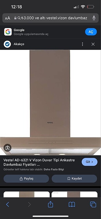 Vestel vizon davlumbaz sıfır kutusunda