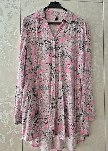 Pembe Etnik Desen Bohem Uzun Kollu Gömlek Tunik