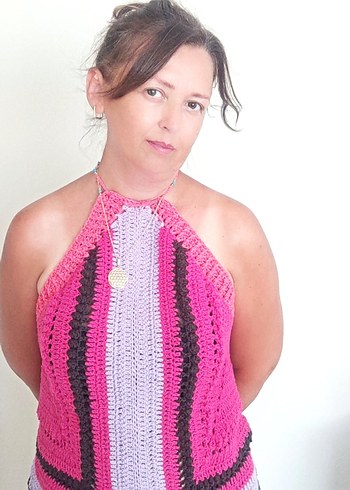 Pembe Çizgili Bohem Örgü Süveter. Hand made. Sadece 1 tane.