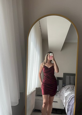 Bordo Drapeli Straplez Mini Elbise