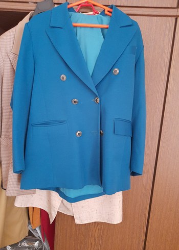 Mavi Düğmeli Midi Kadın Blazer Ceket