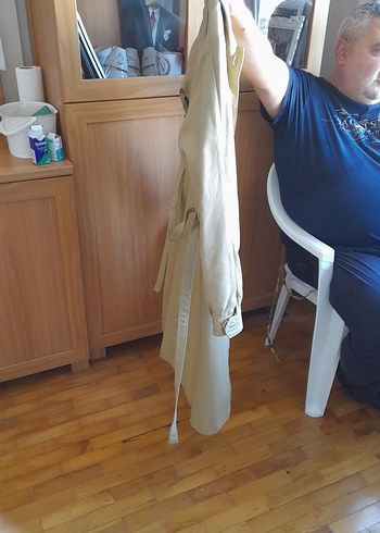 Bej Düğmeli Midi Keten Kadın Trençkot - Görsel 4