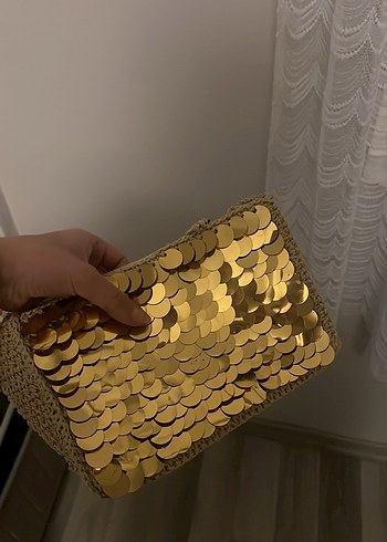 Payetli Altın Renk Örgü Kadın Portföy Çanta