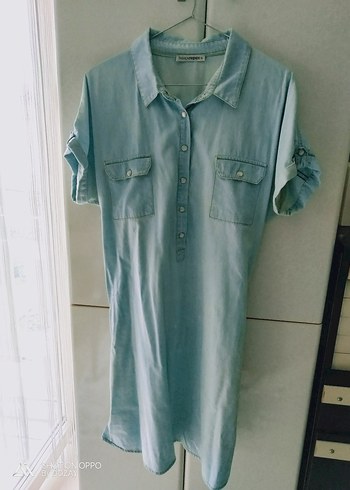 Mavi Yarım Düğmeli Kısa Kollu Denim Elbise