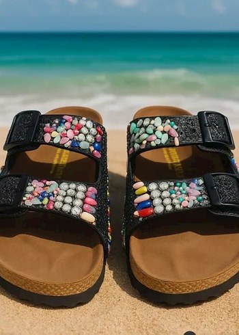 Birkenstock Renkli Taşlı Siyah Terlik
