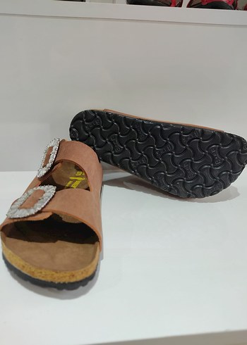 36 Beden kahverengi Renk Birkenstock Taşlı Tokalı Taba Terlik