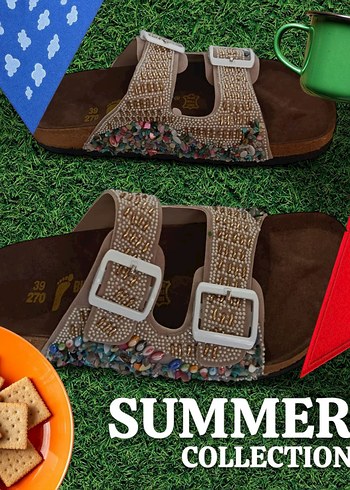 Birkenstock Renkli Taşlı Krem  Terlik - Görsel 5