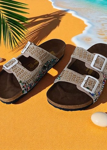 Birkenstock Renkli Taşlı Krem  Terlik - Görsel 6