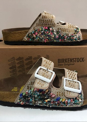 Birkenstock Renkli Taşlı Krem Terlik