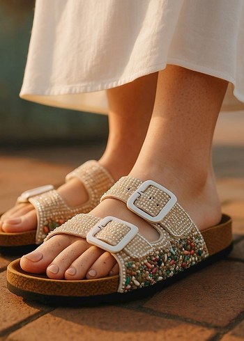 37 Beden ten rengi Renk Birkenstock Renkli Taşlı Krem Terlik