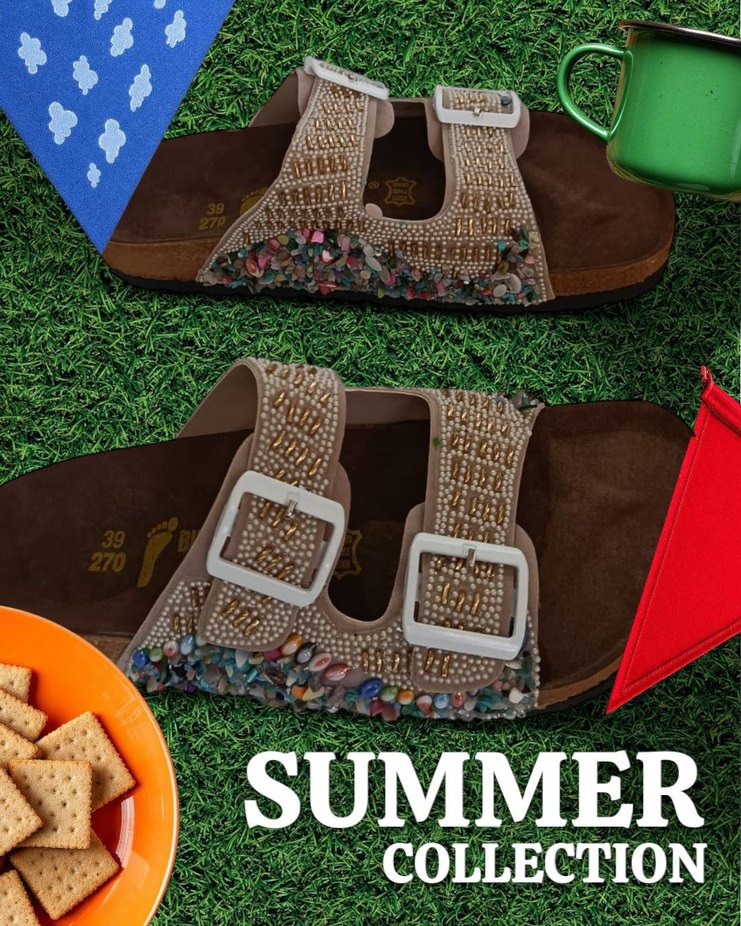 Birkenstock Renkli Taşlı Krem  Terlik - Görsel 5