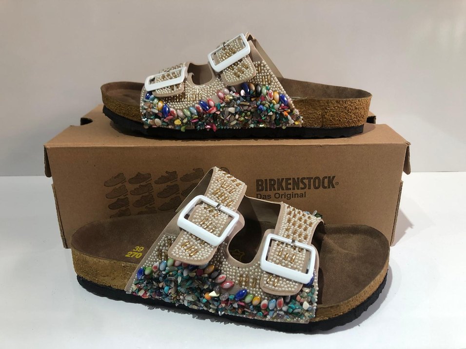 Birkenstock Renkli Taşlı Krem  Terlik - Görsel 2