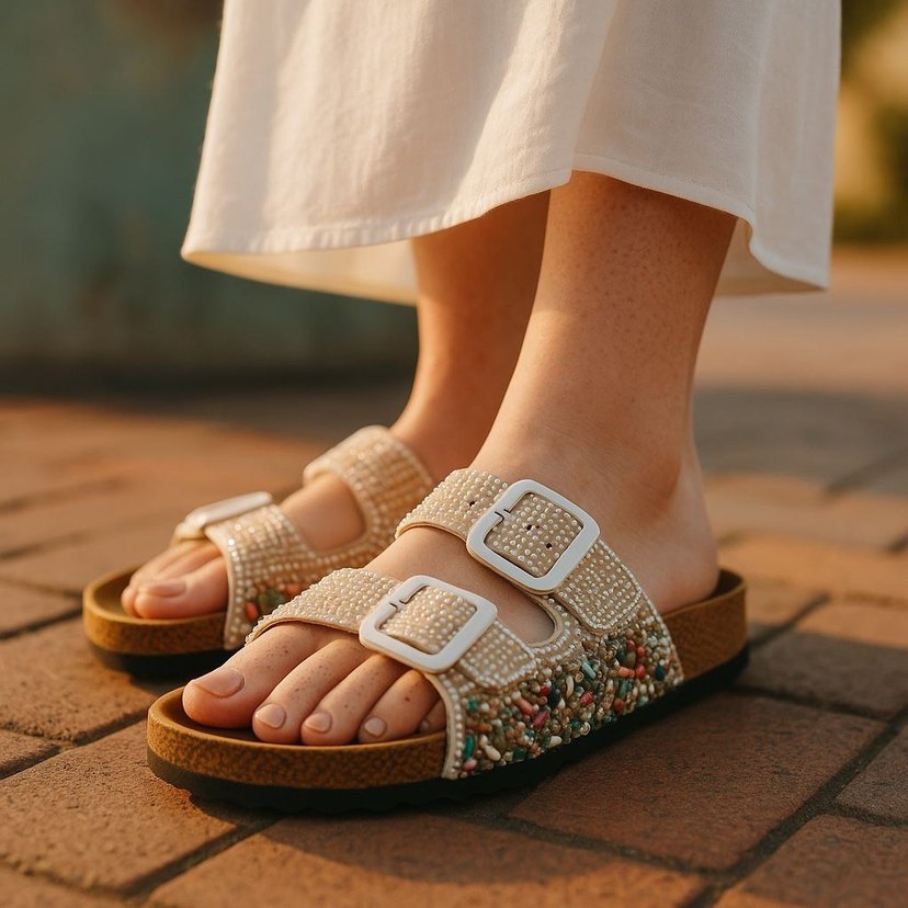 Birkenstock Renkli Taşlı Krem  Terlik - Görsel 4