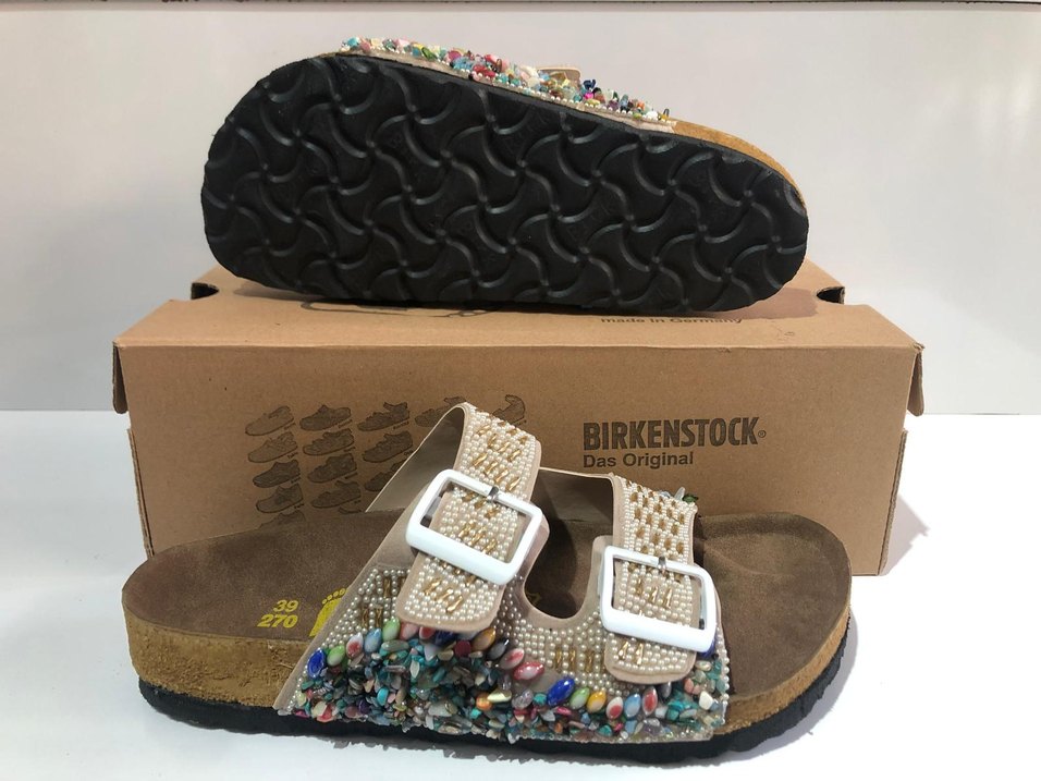 Birkenstock Renkli Taşlı Krem  Terlik - Görsel 3