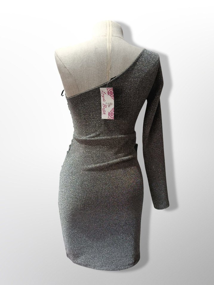 Tek Omuzlu Gri Drapeli Kadın Elbise - Görsel 2