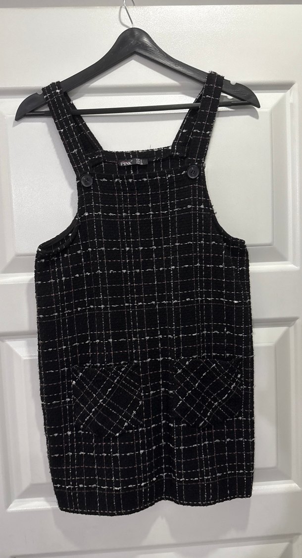 Ayarlanabilir düğmeli Kadın Siyah Kareli Midi elbise - Görsel 2