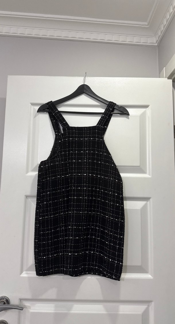 Ayarlanabilir düğmeli Kadın Siyah Kareli Midi elbise - Görsel 3