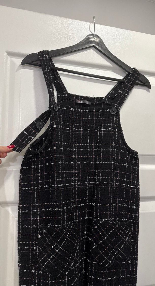 Ayarlanabilir düğmeli Kadın Siyah Kareli Midi elbise - Görsel 4