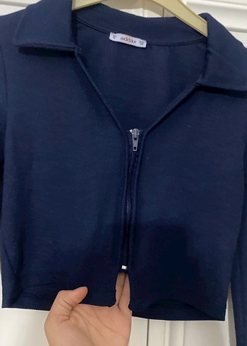 Kadın Lacivert Fermuarlı V Yaka crop
