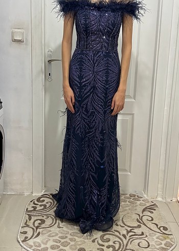 Koyu Lacivert Tüylü Straplez Uzun Elbise - Görsel 7