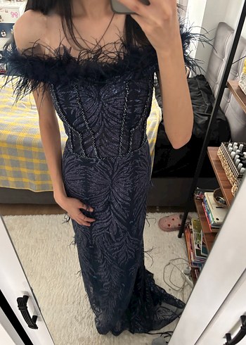 Koyu Lacivert Tüylü Straplez Uzun Elbise - Görsel 2