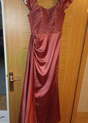 Somon Renk Drapeli Uzun Abiye Elbise - Görsel 5