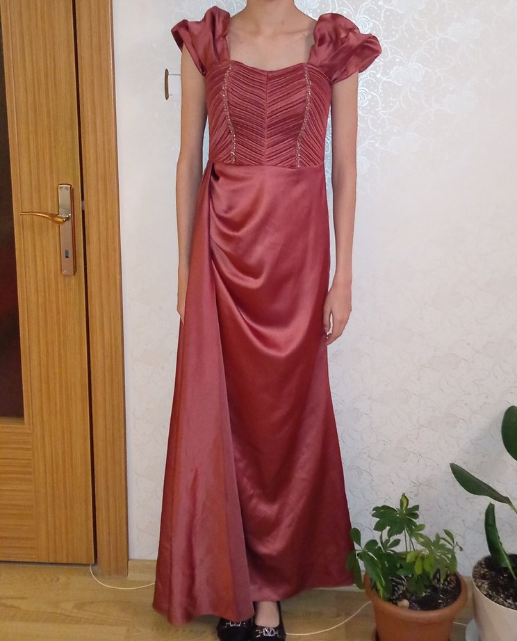 Somon Renk Drapeli Uzun Abiye Elbise - Görsel 3