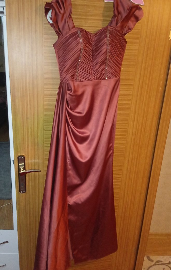 Somon Renk Drapeli Uzun Abiye Elbise - Görsel 5