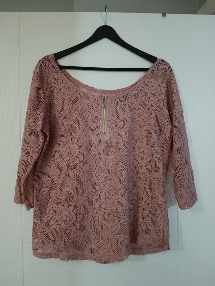 toz pembe Dantel Detaylı Bohem Kadın Bluz - Görsel 3