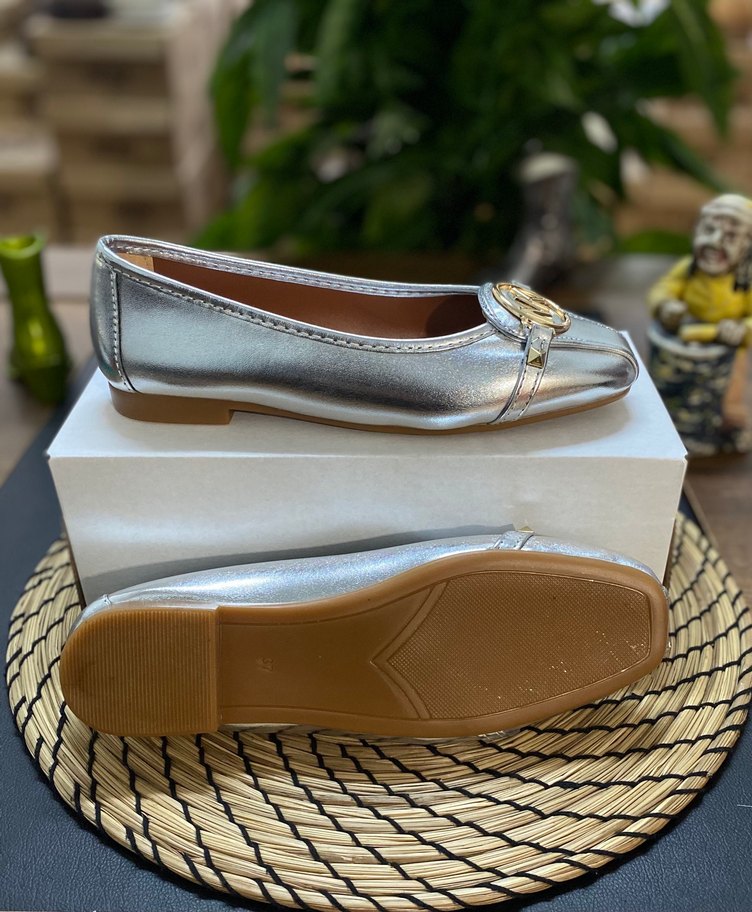 M.Kors Gri Metalik Kadın Tokalı Babet - Görsel 2