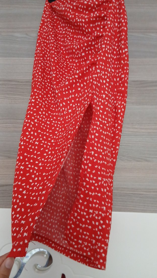 Kırmızı Bağlama Desenli Uzun Midi Etek - Görsel 2