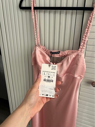 l Beden Zara pembe saten elbise,etiketli????????