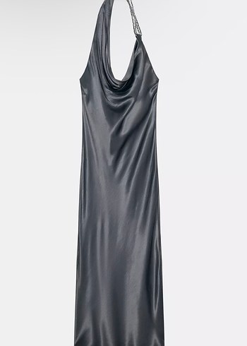 Zara Gri Saten Drapeli Uzun Elbise - Görsel 4