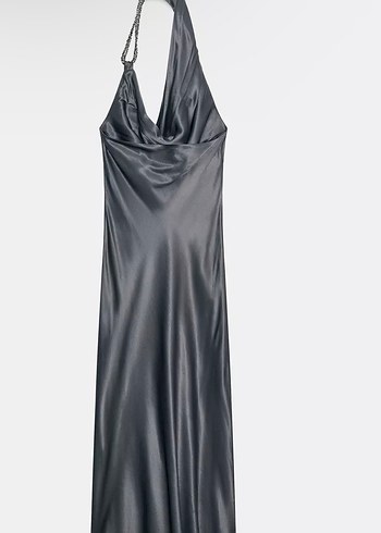 Zara Gri Saten Drapeli Uzun Elbise - Görsel 5