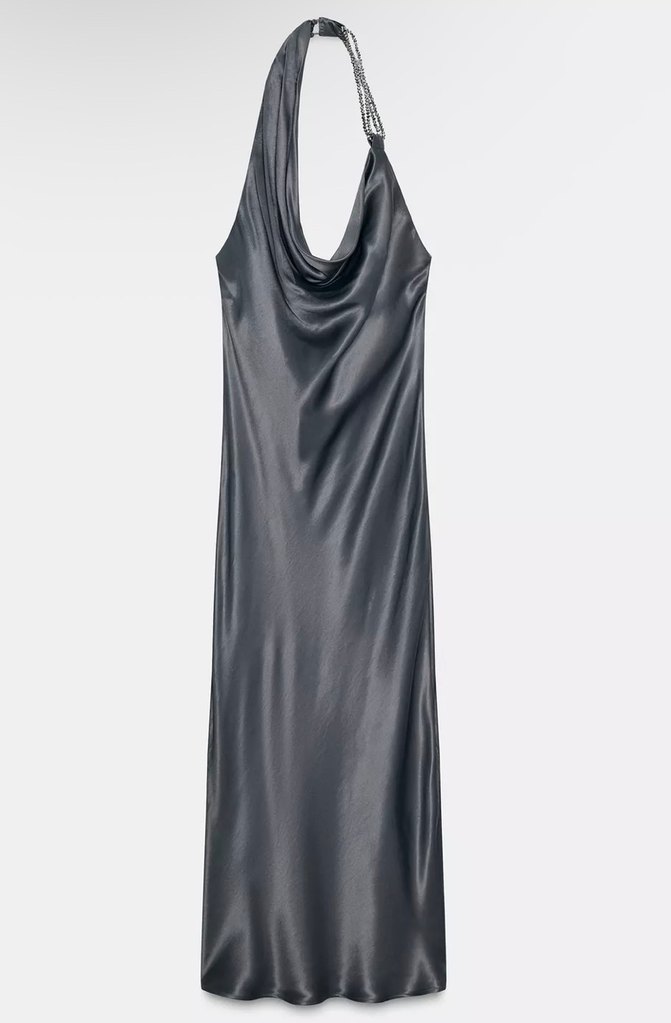 Zara Gri Saten Drapeli Uzun Elbise - Görsel 4