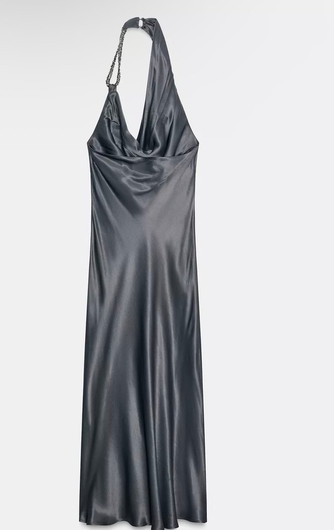 Zara Gri Saten Drapeli Uzun Elbise - Görsel 5