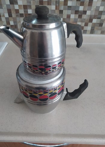 Renkli Desenli Gri Çaydanlık Seti