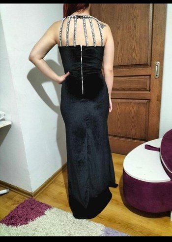 m Beden Siyah Drapeli V Yaka Uzun Kadın Abiye Elbise