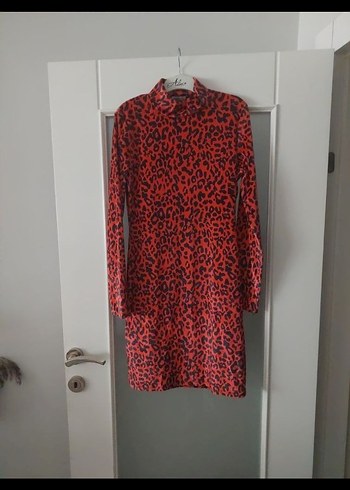 Kırmızı Leopar Desenli Uzun Kollu Mini Elbise Kadife